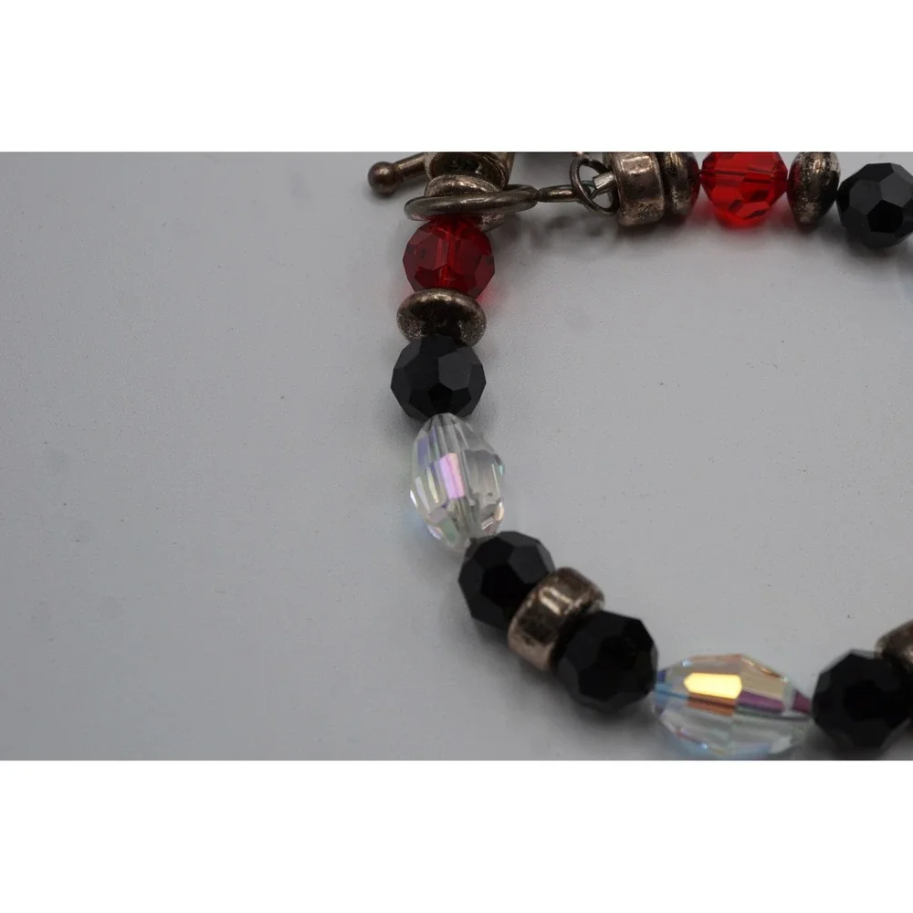 Sterling Silver Star Toggle Bracelet Red Black Iridescent Glass Beads 8 Inch